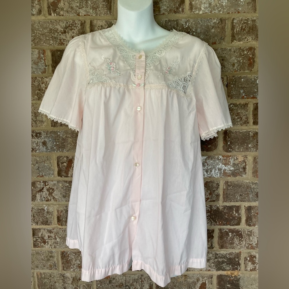 VANITY Vtg FAIR Pink Short Sleeve Button Down Night Pajama Shirt Blouse Size M
